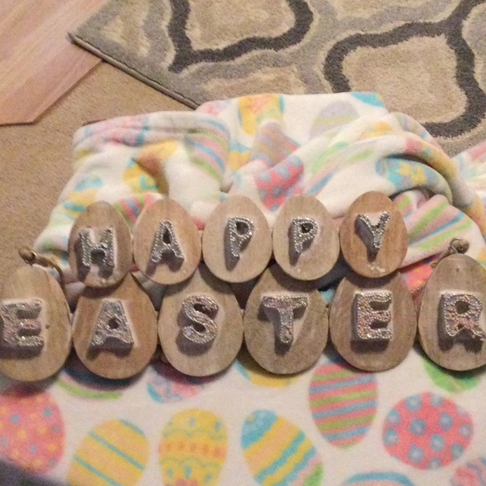 NWT Happy Easter wall or door decoration. Pink and silver glittery letters.